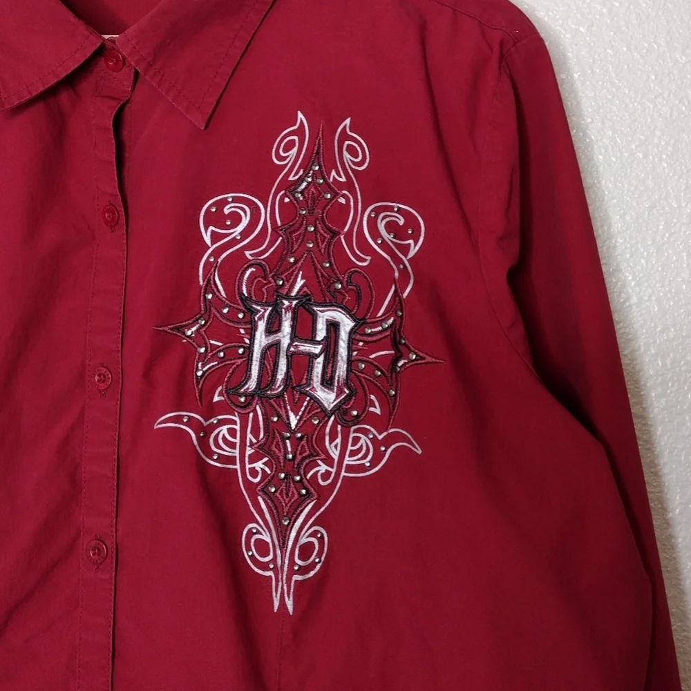 Harley-Davidson Red Embroidery Long Sleeve Button Down Shirt Sz XL